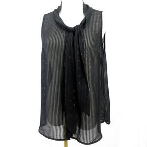 Women's Black Sheer Striped Sleeveless Blouse with Gold Accent & Neck Tie Size M
